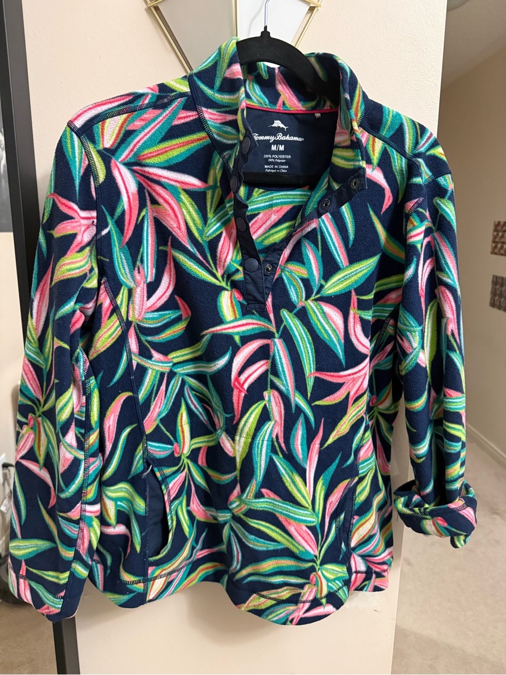 Tommy Bahama Navy Pullover with Pink and Green Tropical Leaves